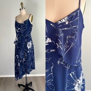 Banana Republic Midi Dress 4 Asymmetrical Hem Blue Floral Ruffle Spaghetti Strap